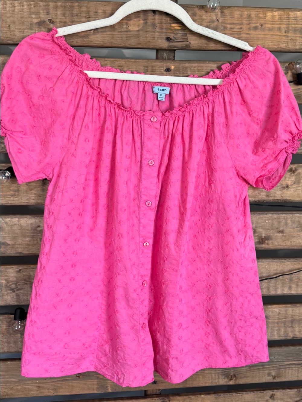 IZOD Pink Eyelet Cotton Off Shoulder Peasant Blouse XL